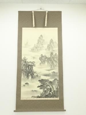 旭秋筆　水墨山水　肉筆絹本掛軸（共箱）